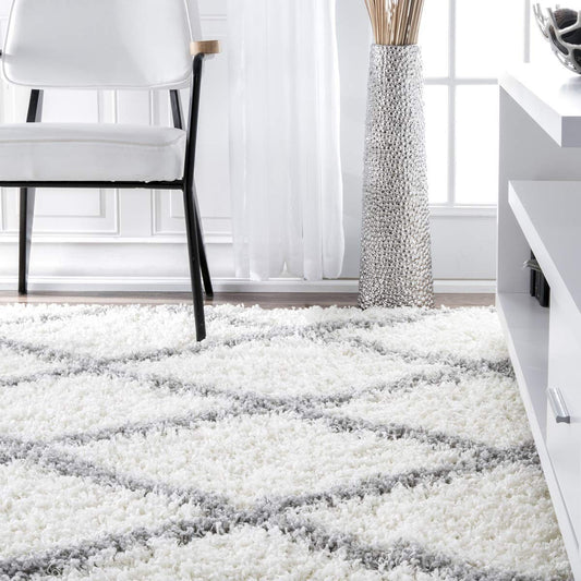 Premium Handmade Tufted Microfiber Carpet – Ivory & Grey Line – Soft Touch & Anti-Skid Base
