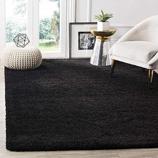 Plain Black Premium Shaggy Rug – Soft Feel with Anti-Skid Rubber Backing