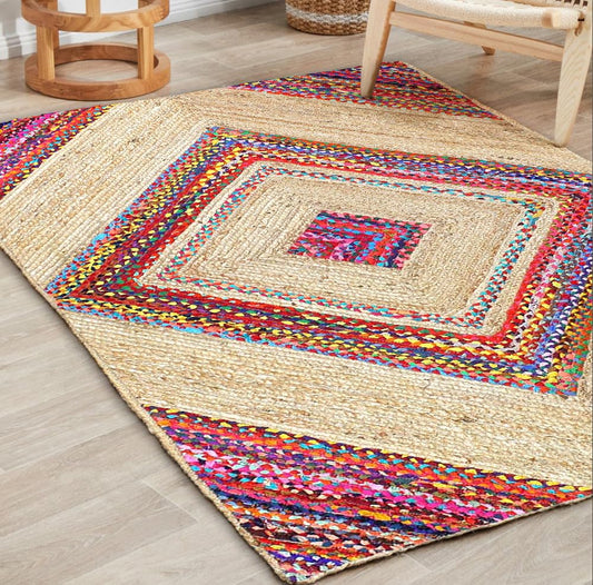Handwoven Braided Natural Jute & Cotton Chindi premium design Rug – Multiple Sizes