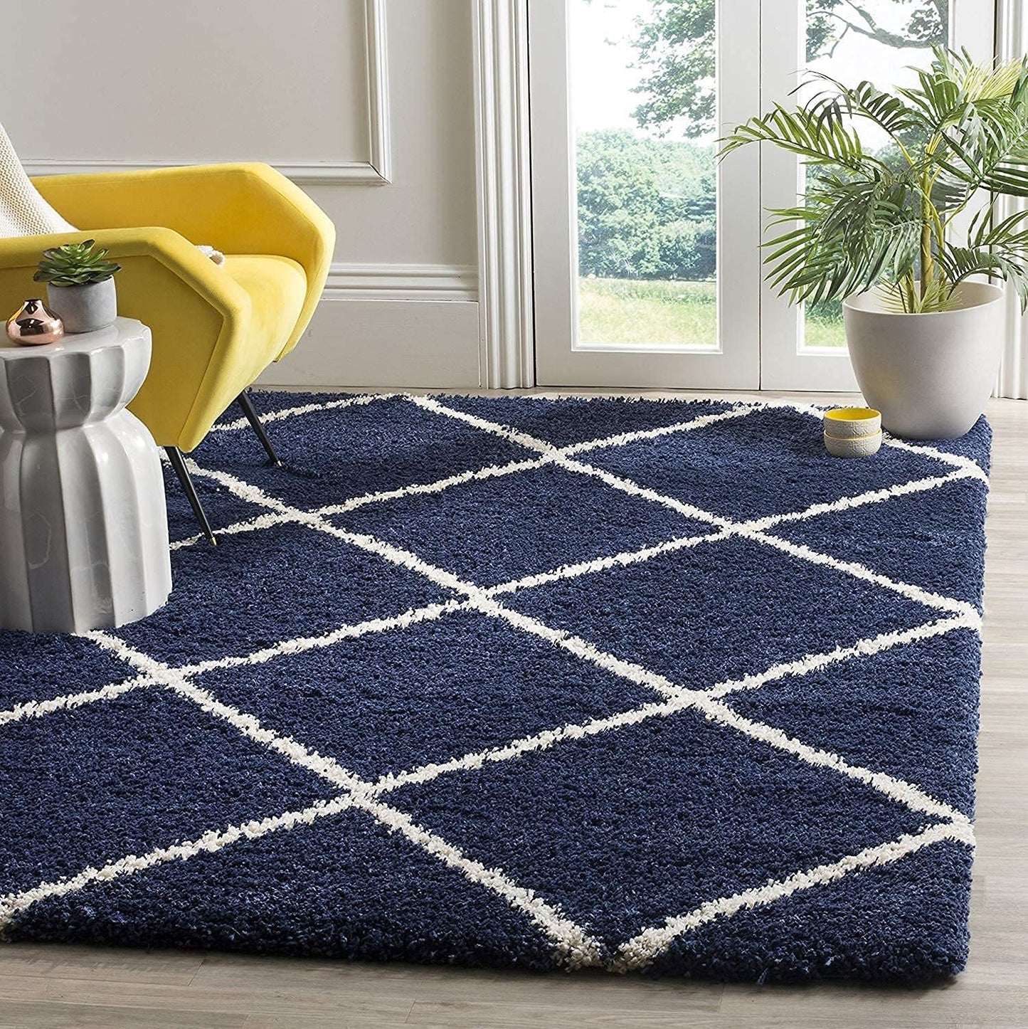 Blue & Ivory Moroccan Diamond Carpet – Soft Microfiber with Anti-Skid Rubber Backing