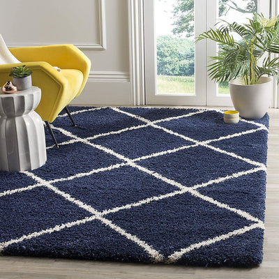 Blue & Ivory Moroccan Diamond Carpet – Soft Microfiber with Anti-Skid Rubber Backing