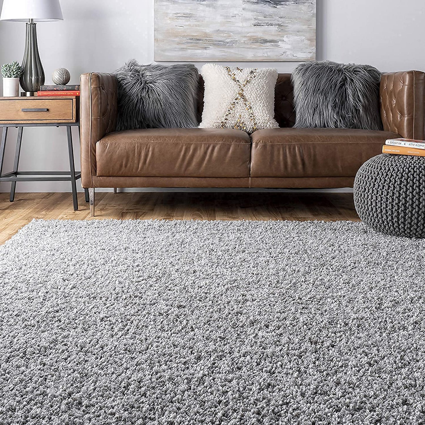 Premium Plain Silver Grey Fluffy Microfiber Rug – Silk Touch & Super Soft – Anti-Skid Rubber Base