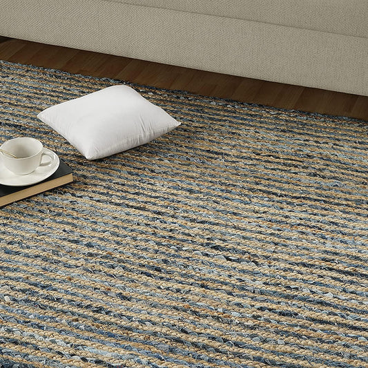 Jeans With Natural Jute Hand Braided Rugs.