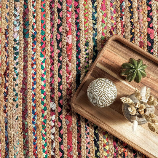 Natural Jute with Multicolor cotton Dye Scalloped Design Handmade Braided Farmhouse Rectangle Jute Area Rug.