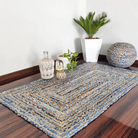 Jeans With Natural Jute Hand Braided Rugs.