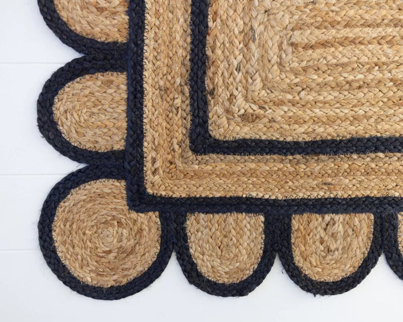 Natural Jute With Black Dye Scalloped Design Handmade Braided Farmhouse Rectangle Jute Area Rug.