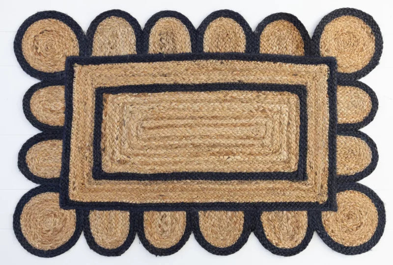 Natural Jute With Black Dye Scalloped Design Handmade Braided Farmhouse Rectangle Jute Area Rug.