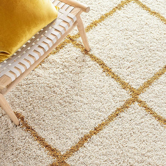 Yellow & Cream Moroccan Design Microfiber Carpet – Soft Feel with Anti-Skid Rubber Backing