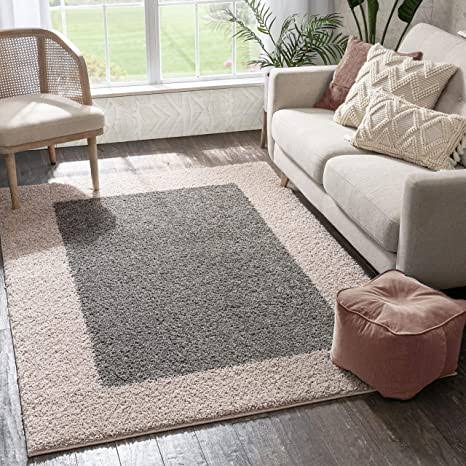 Micro Plain Beige with Grey Soft Modern Shaggy Rug – Soft Feel with Anti-Skid Rubber Backing