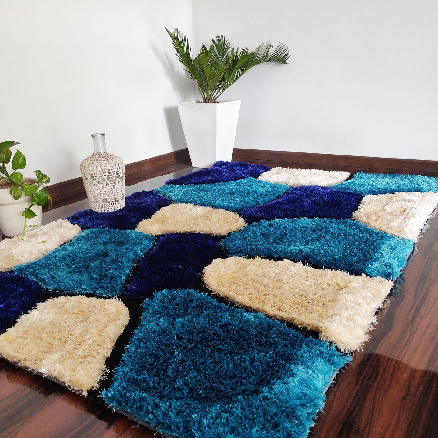 Handmade 3D Cut Classical Stone Pattern Microfiber Shaggy Rug – Luxurious Soft Feel & Anti-Skid Rubber Base