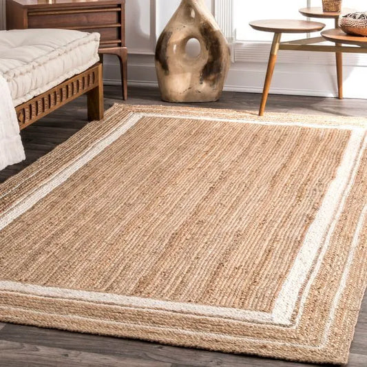 Natural & White Jute Border Handmade Braided Area Rug.