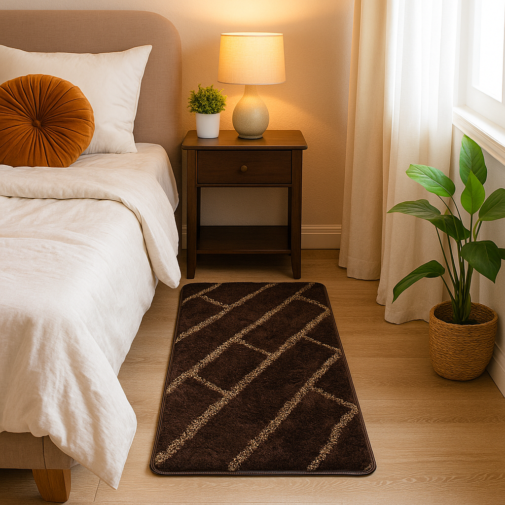 Coffee & Beige Hand crafted super Soft Bedside Runner - Soft Feel, Anti-Skid Rubber Backing