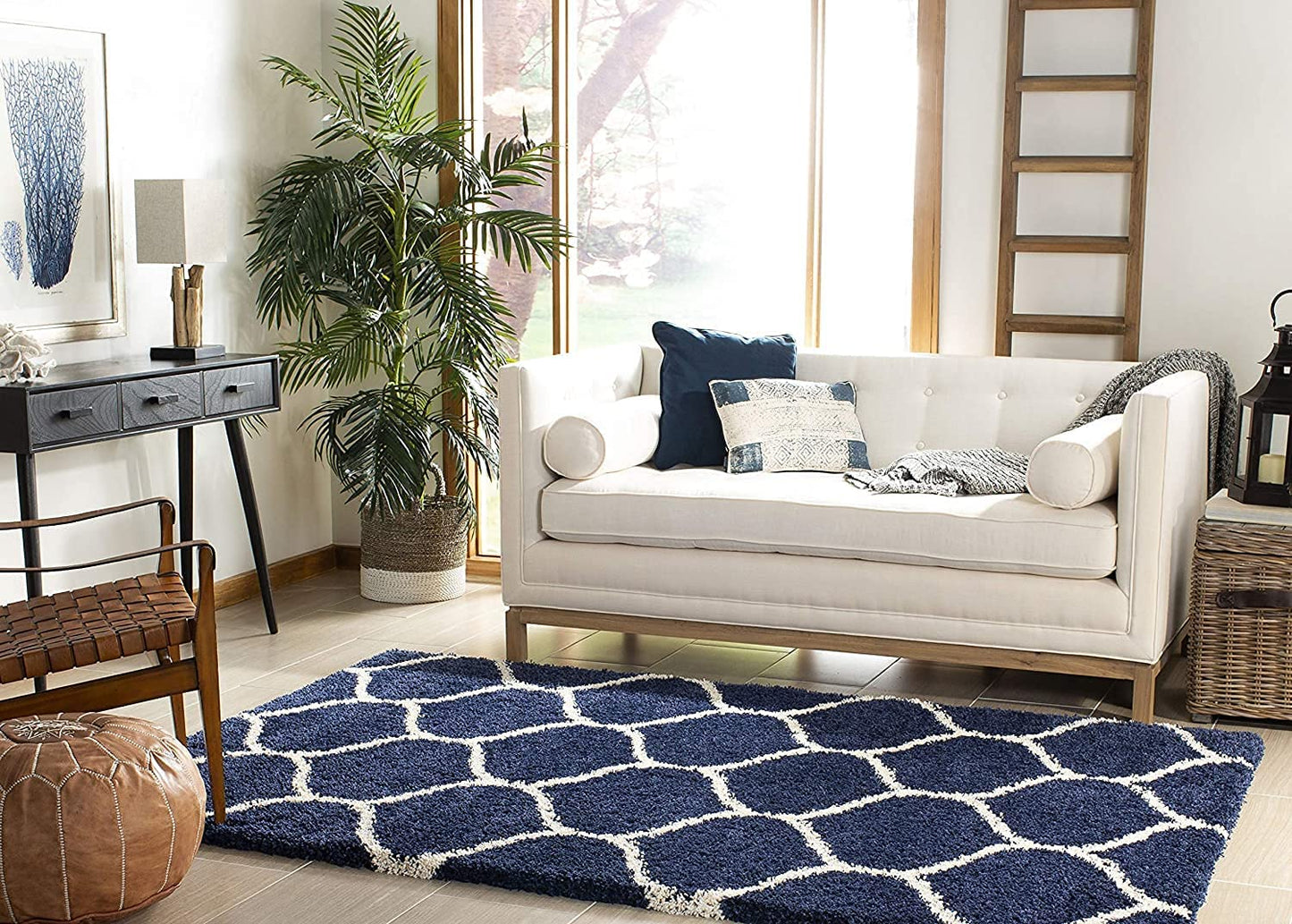 Cream And Blue Micro Moroccan Lattice Carpet