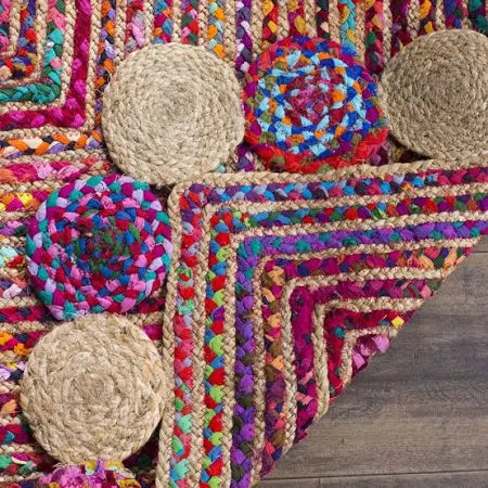 Modern Braided Rug in Multicolour Jute & Cotton Chindi Handmade & Hand washable Rug.