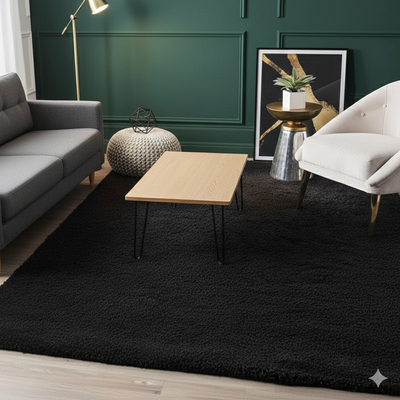 Plain Black Premium Shaggy Rug – Soft Feel with Anti-Skid Rubber Backing