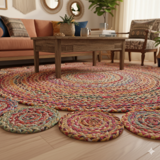 Chindi With Jute Round Tikki Area Rug.