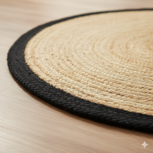 Natural Jute Round Braided Area Rug with Black Border