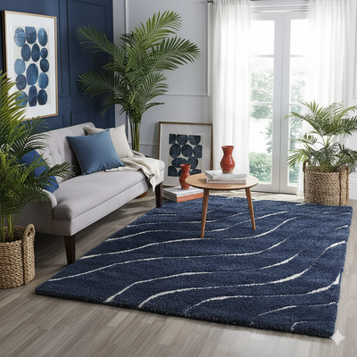 Navy Blue Waves Microfiber Carpet – Soft Feel with Anti-Skid Rubber Backing