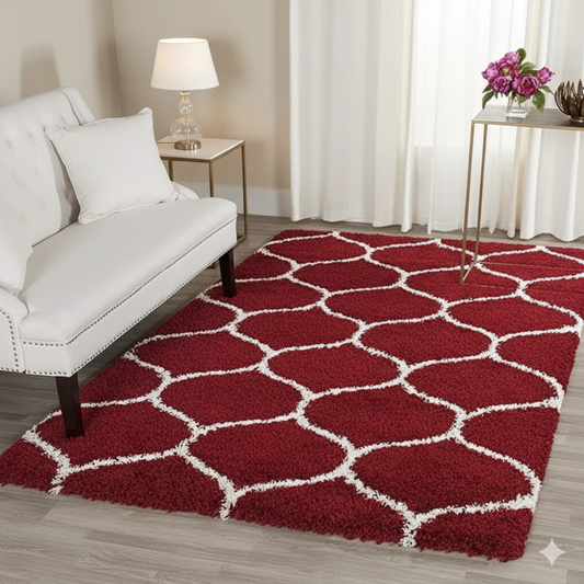 Moroccan Style Microfiber Carpet Runner Red & Ivory Soft, Non-Slip, - Soft Feel, Anti-Skid Rubber Backing