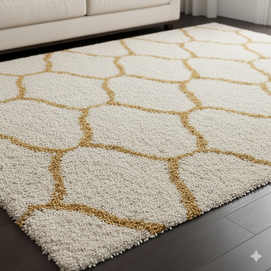 Premium Mustard-Ivory Moroccan Style Shaggy Rug – Plush Soft Touch, Non-Slip Rubber Base