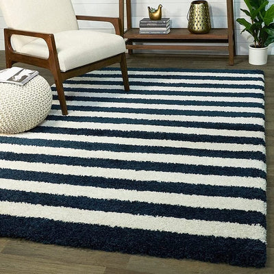 Navy Blue & Ivory Modern Microfiber Carpet – Soft Feel with Anti-Skid Rubber Backing