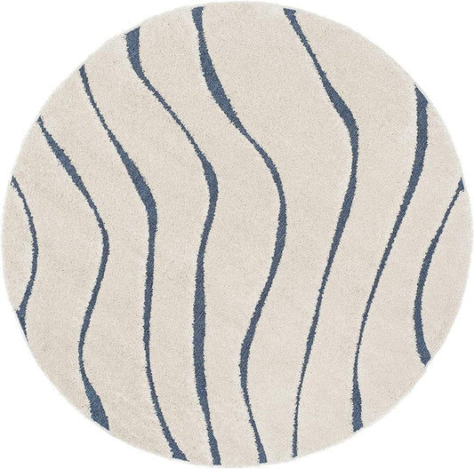Elegant Ivory & Blue Soft Shaggy Round Carpet – Soft Feel with Anti-Slip Rubber Base