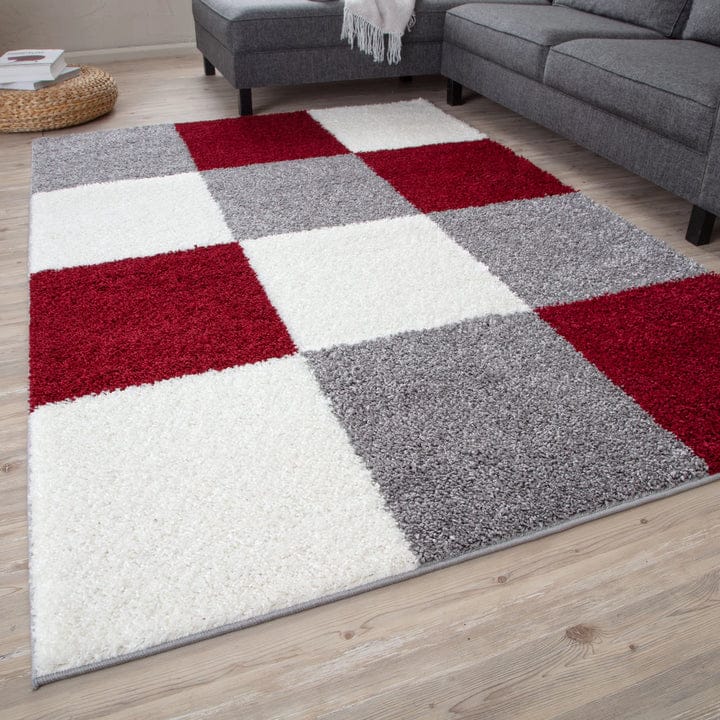 Grey with Ivory Diamond Pattern Shaggy Rug – Hand-Tufted Microfiber Carpet – Soft Feel & Anti-Skid Rubber Backing