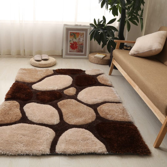 Brown & Beige 3D Stone Design Shaggy Carpet – Soft Feel with Anti-Skid Rubber Backing