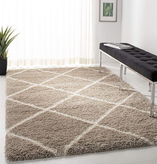 Ivory with Beige Colour Diamond Shaggy Rug