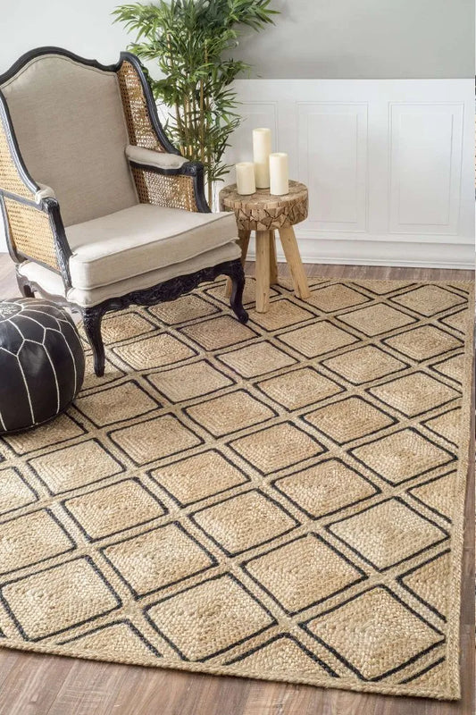 Braided Natural black geometric jute hand-woven Area Rug.