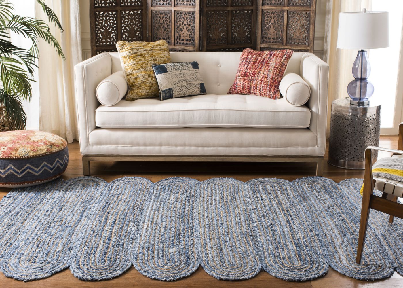 Natural Jute with Multicolor cotton Dye Scalloped Design Handmade Braided Farmhouse Rectangle Jute Area Rug.