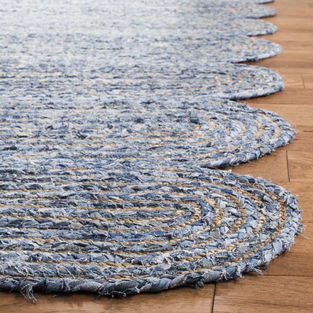 Natural Jute with Multicolor cotton Dye Scalloped Design Handmade Braided Farmhouse Rectangle Jute Area Rug.