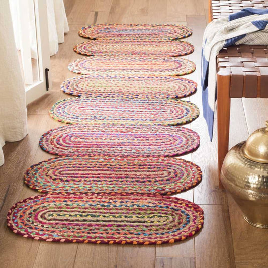 Natural Jute with Multicolor cotton Dye Scalloped Design Handmade Braided Farmhouse Rectangle Jute Area Rug.