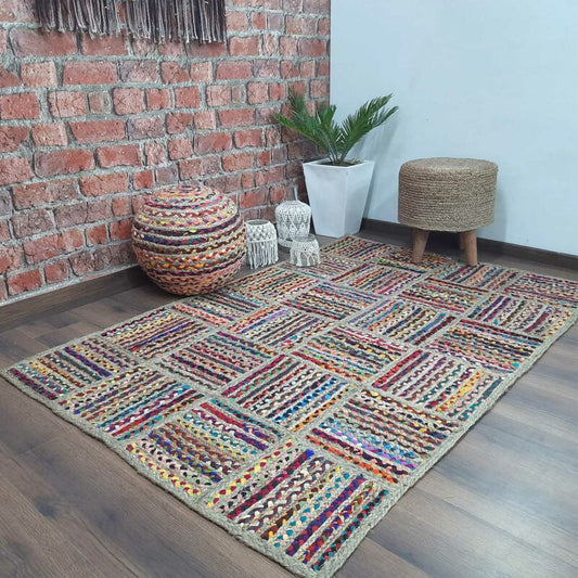 Handwoven Braided Natural Jute & Cotton Chindi premium design Rug – Multiple Sizes