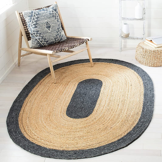 Black Cotton With Natural Jute Oval Area Rug.