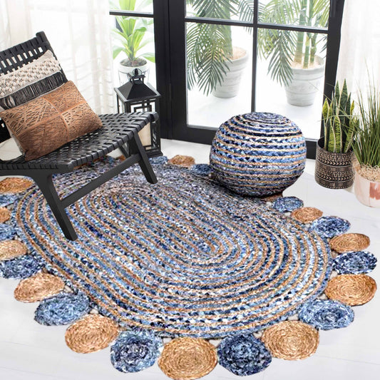 Jeans With Jute Round Tikki Oval Shaped Rug.