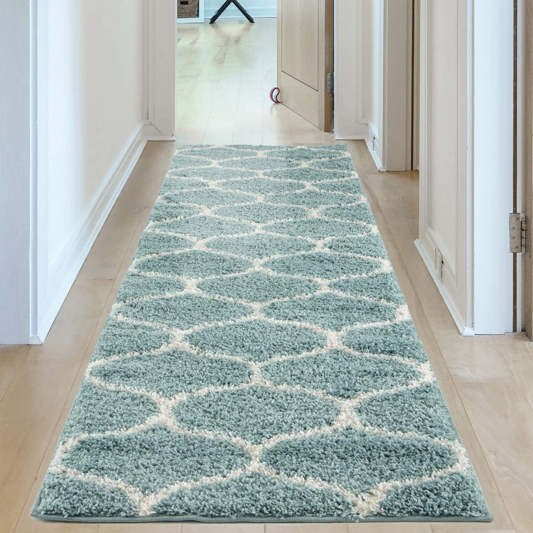 Luxury Micro Aqua and Ivory Moroccan Design Carpet – Soft Feel & Anti-Skid Rubber Backing