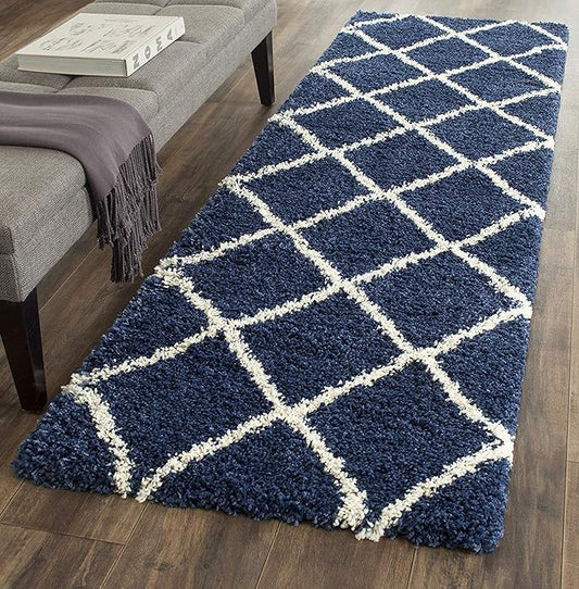 Premium Blue with Ivory Beautiful Micro Bedside Runner - Soft Feel, Anti-Skid Rubber Backing