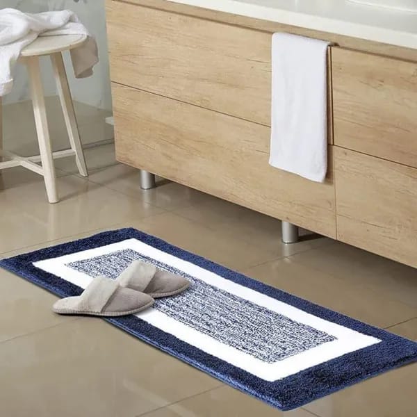 Low Cut Pile Blue & White Premium Microfiber Bedside Runner – Soft Feel with Anti-Skid Rubber Backing