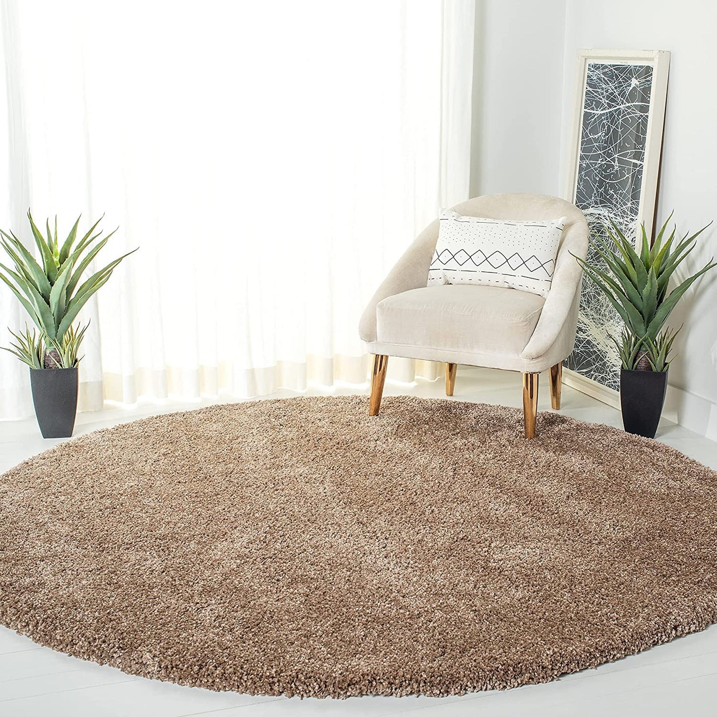 Beige Soft Microfiber Round Carpet – Premium Quality & Anti-Skid Rubber Backing