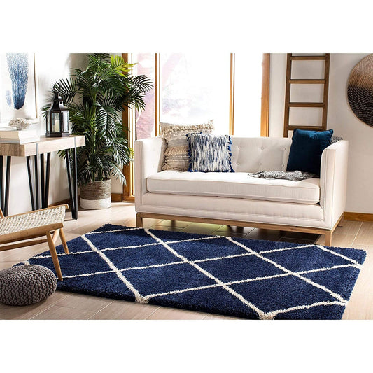Blue & Ivory Moroccan Diamond Carpet – Soft Microfiber with Anti-Skid Rubber Backing
