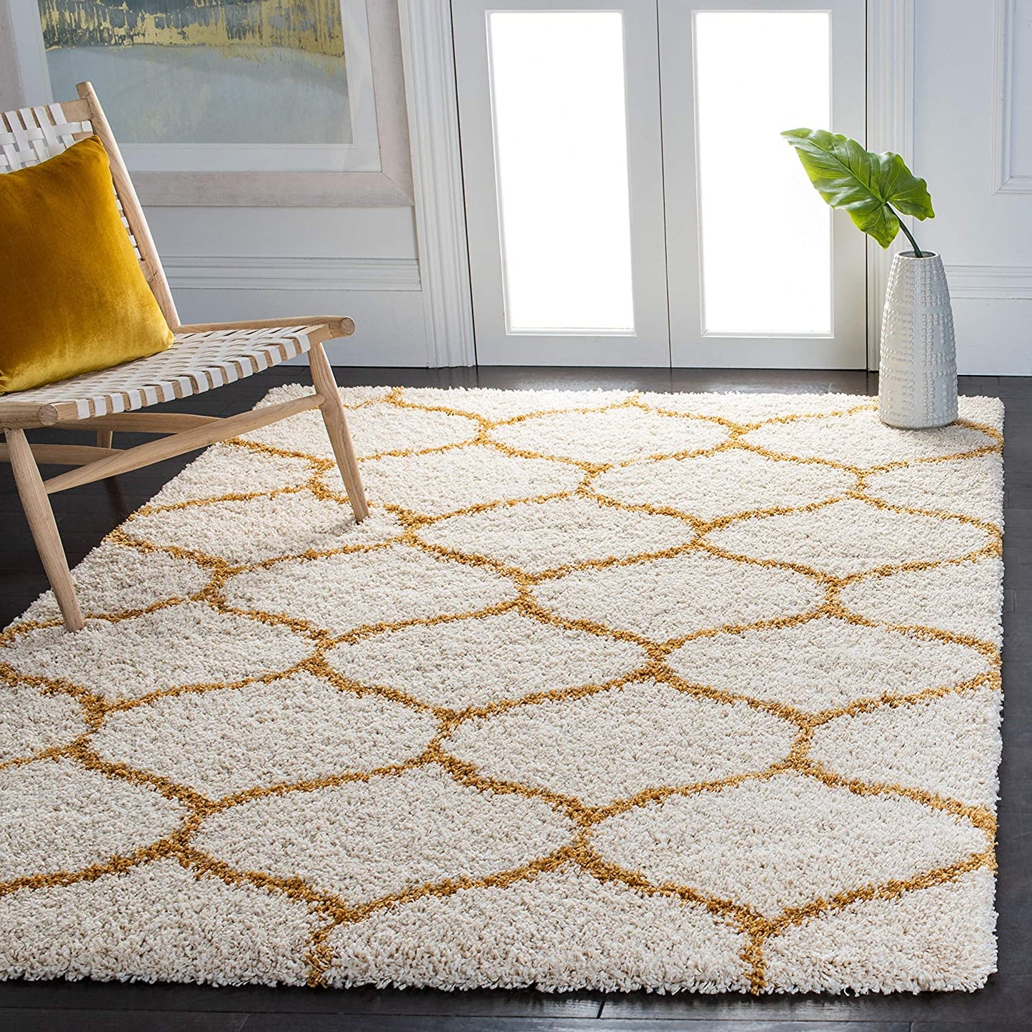 Premium Mustard-Ivory Moroccan Style Shaggy Rug – Plush Soft Touch, Non-Slip Rubber Base