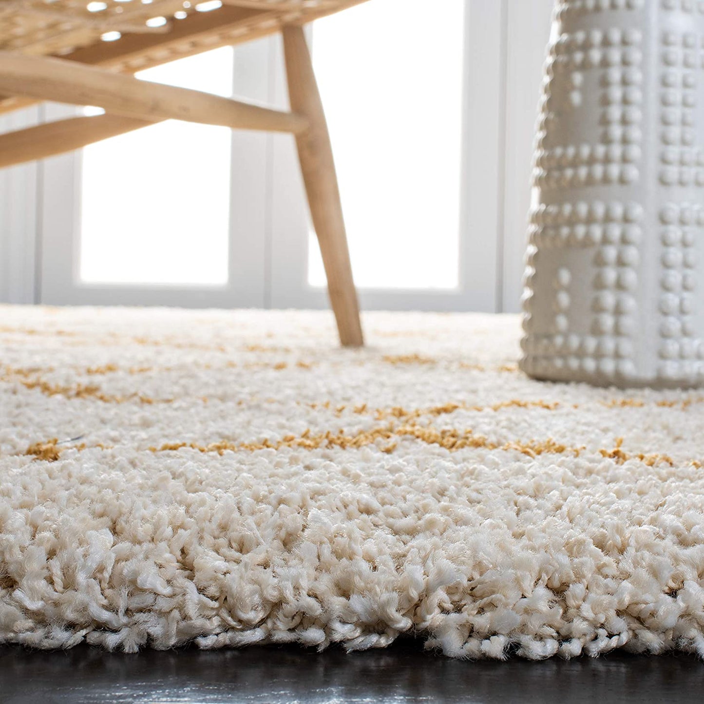Premium Mustard-Ivory Moroccan Style Shaggy Rug – Plush Soft Touch, Non-Slip Rubber Base