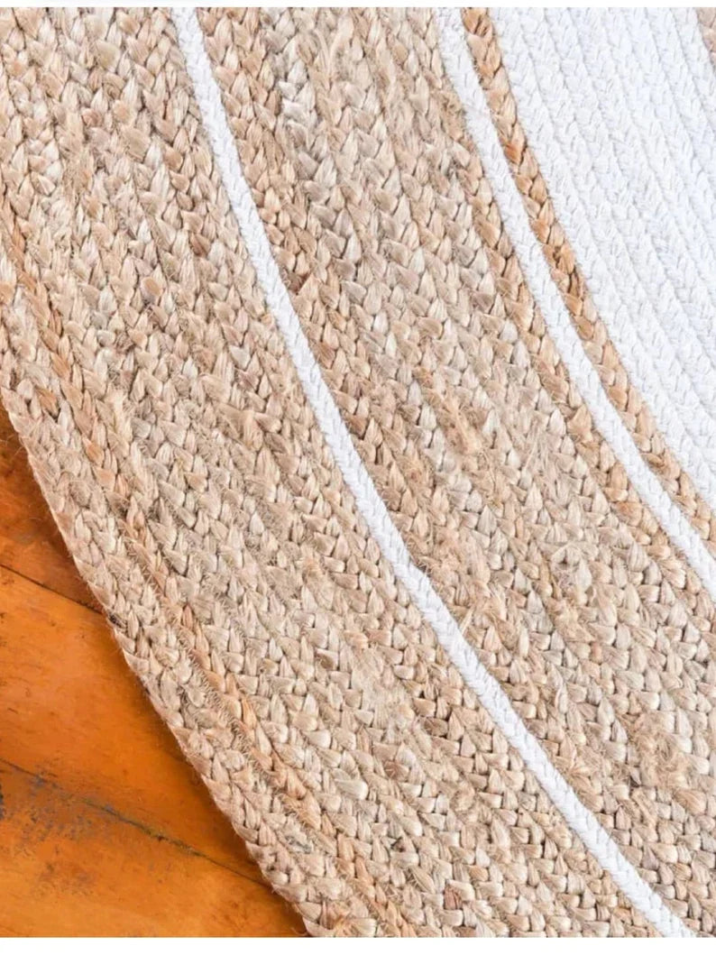Natural & White Double Border Oval Shaped Jute Area Rug .