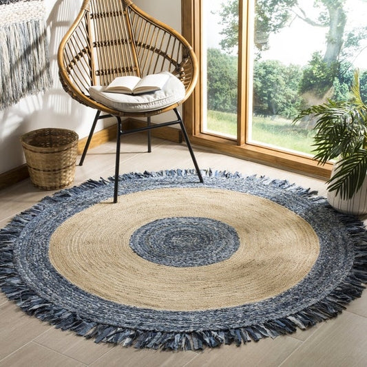Denim With Jute Handmade Braided Round Area Rug.