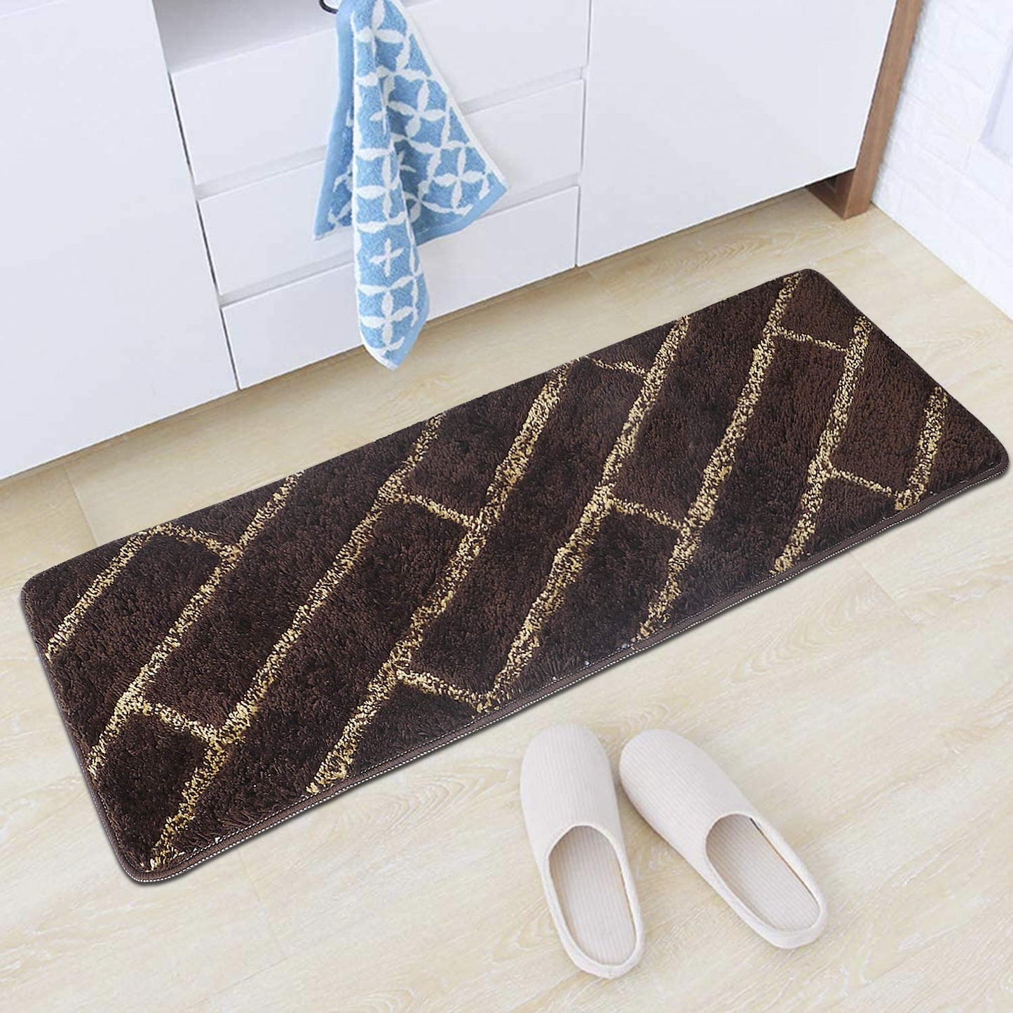 Coffee & Beige Hand crafted super Soft Bedside Runner - Soft Feel, Anti-Skid Rubber Backing