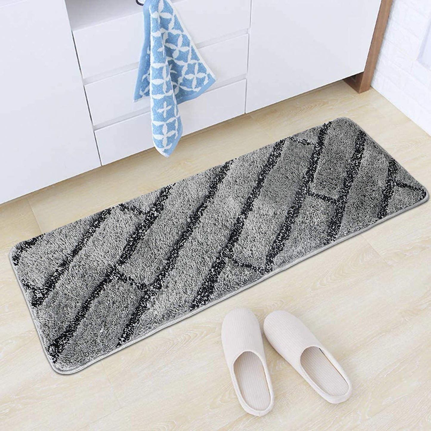 Grey & Black Super Soft Microfiber Polyester Shaggy Fluffy Hand tufted Runner - Soft Feel, Anti-Skid Rubber Backing