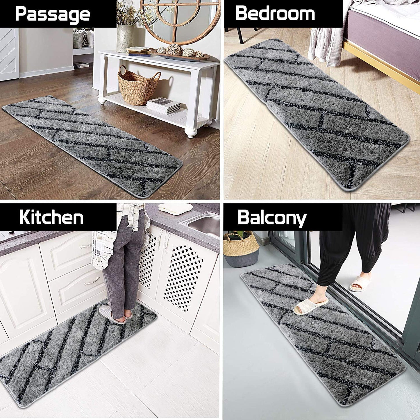 Grey & Black Super Soft Microfiber Polyester Shaggy Fluffy Hand tufted Runner - Soft Feel, Anti-Skid Rubber Backing