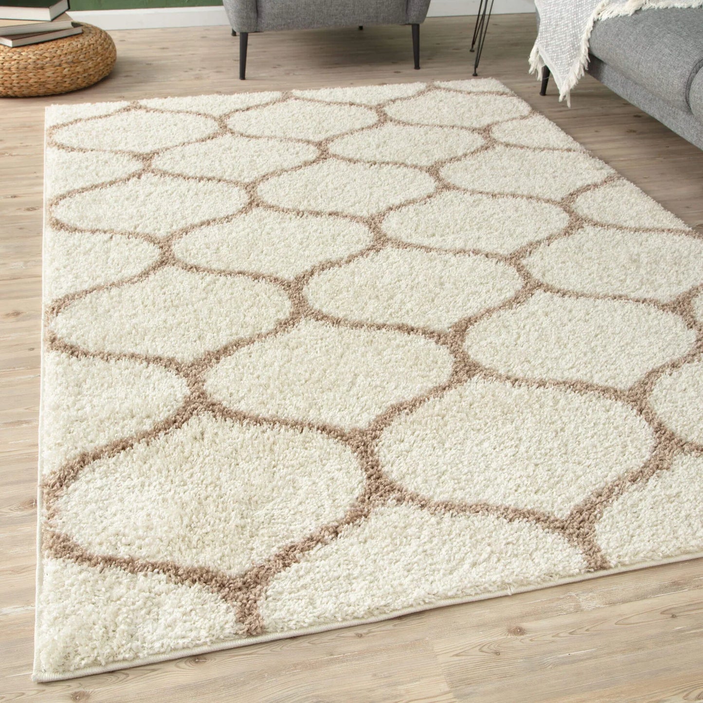 Cream and Beige Moroccan Lattice Microfiber Rug – Soft Feel & Anti-Skid Rubber Backing