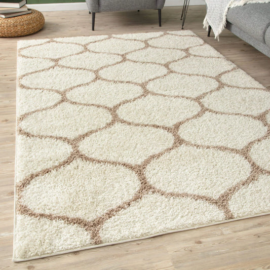 Cream and Beige Moroccan Lattice Microfiber Rug – Soft Feel & Anti-Skid Rubber Backing